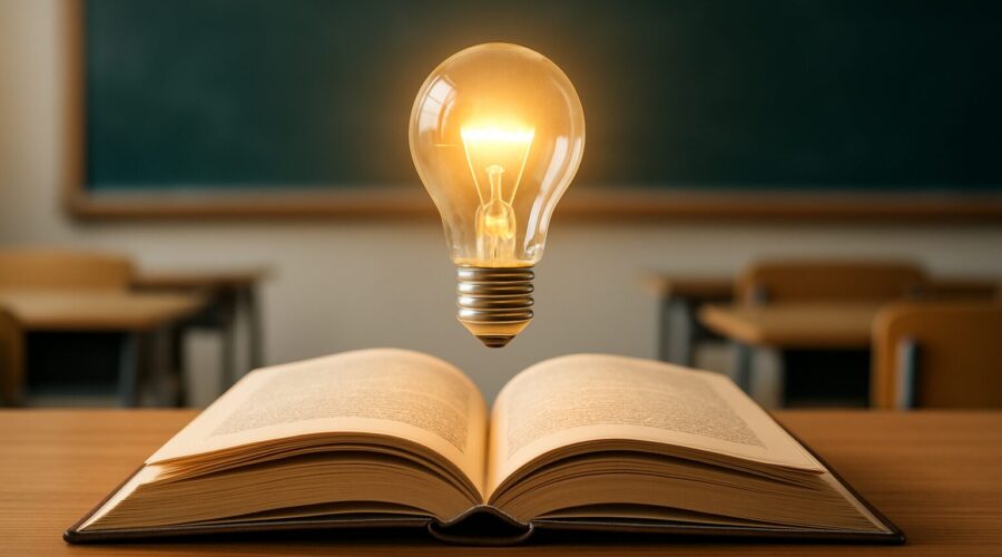 An open book with a glowing light bulb hovering above it, set in a classroom environment.