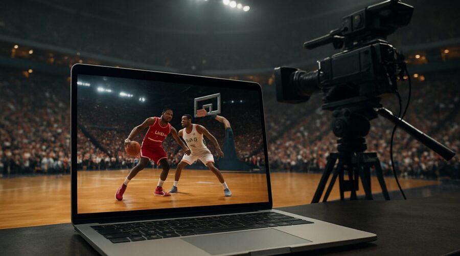 A laptop displaying a dynamic basketball scene with players in action on a court