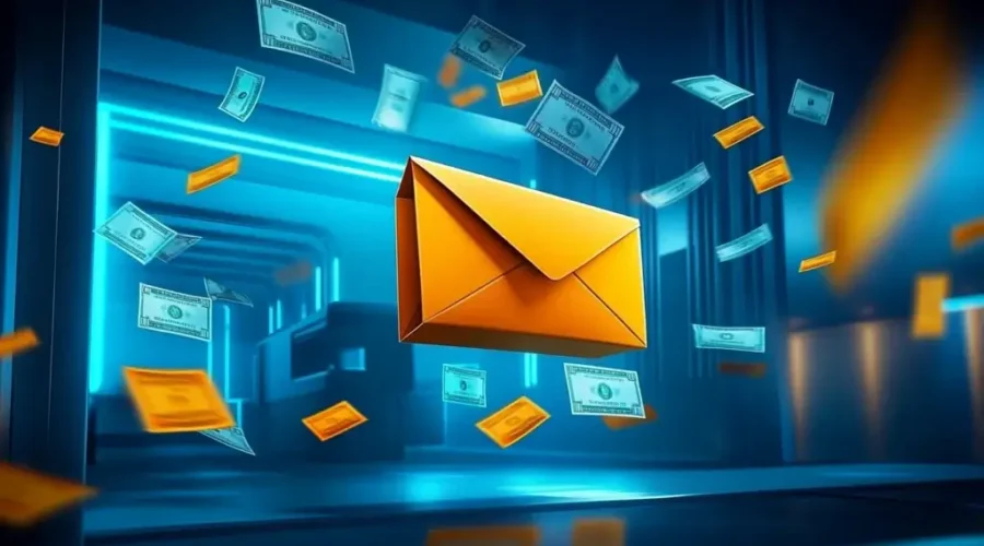an orange envelope surrounded by floating dollar bills in a digital setting