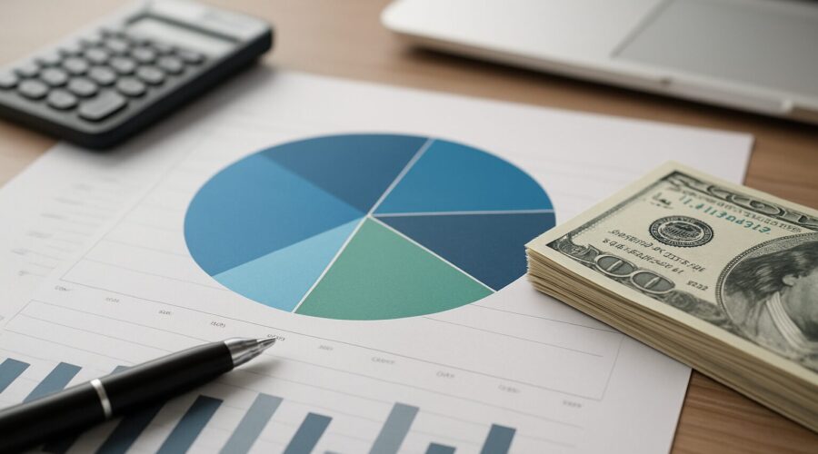 Calculator, pie chart, and a stack of cash on a desk