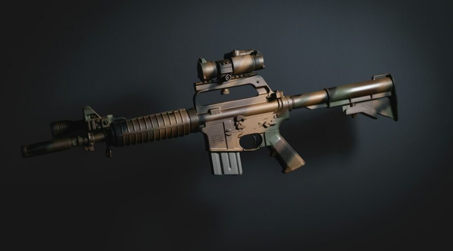 Custom AR15 build with scope against a dark backdrop