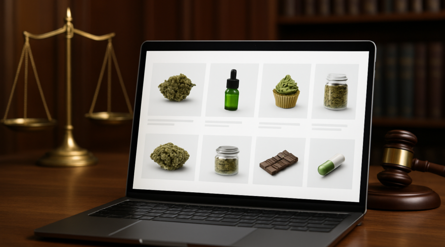 A laptop displaying various cannabis products with a gavel and scales of justice in the background.