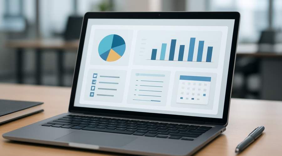 A laptop displaying productivity charts and graphs on a desk