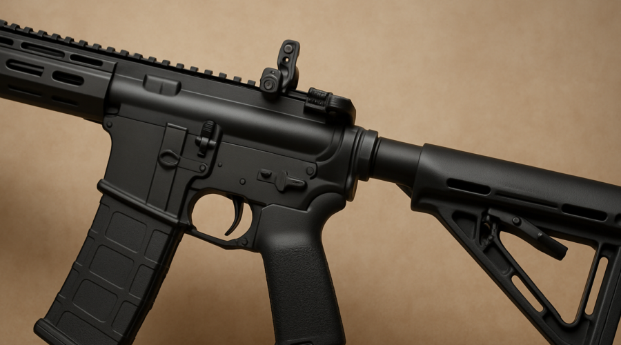 Close-up of a custom AR-15 rifle with a matte black finish